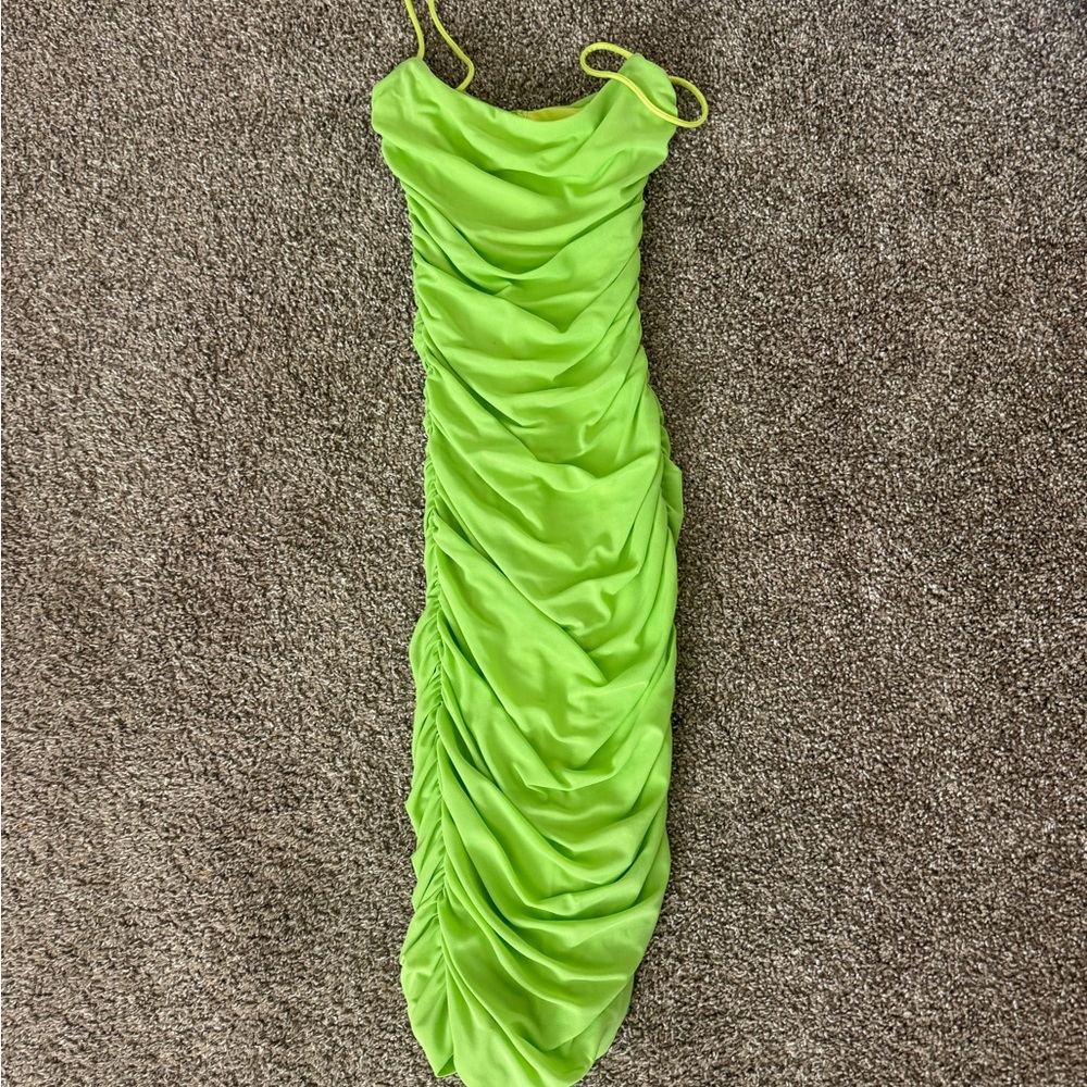 Oh Polly Strapless Neon Green Ruched Dress